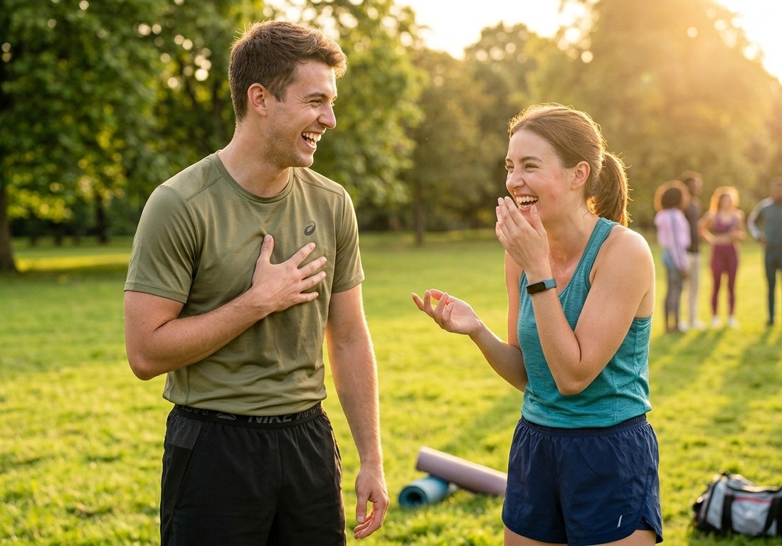 Friends laughing in a London park after a run