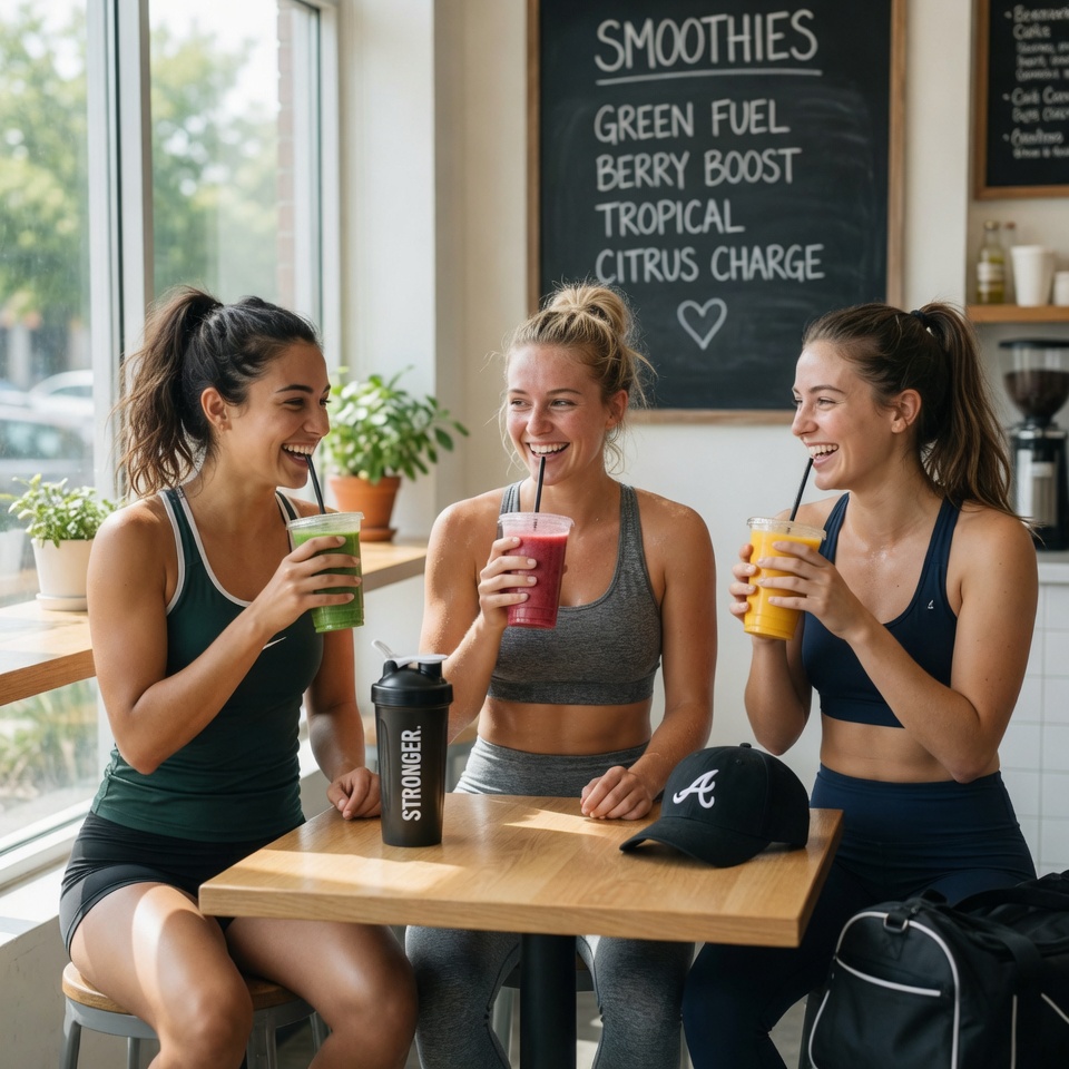 Group of young adults in activewear chatting at a modern cafe